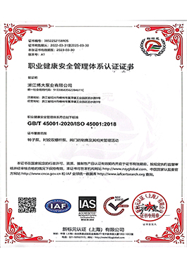 职业健康安全管理体系认证证书-浙江博大泵业有限公司